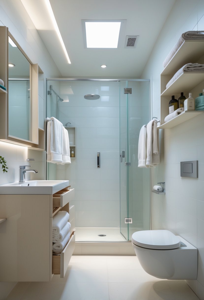 v2 11kkd6 vql6p A small bathroom with multifunctional storage units and towel racks, showing a compact vanity, glass shower, and neatly organized towels.