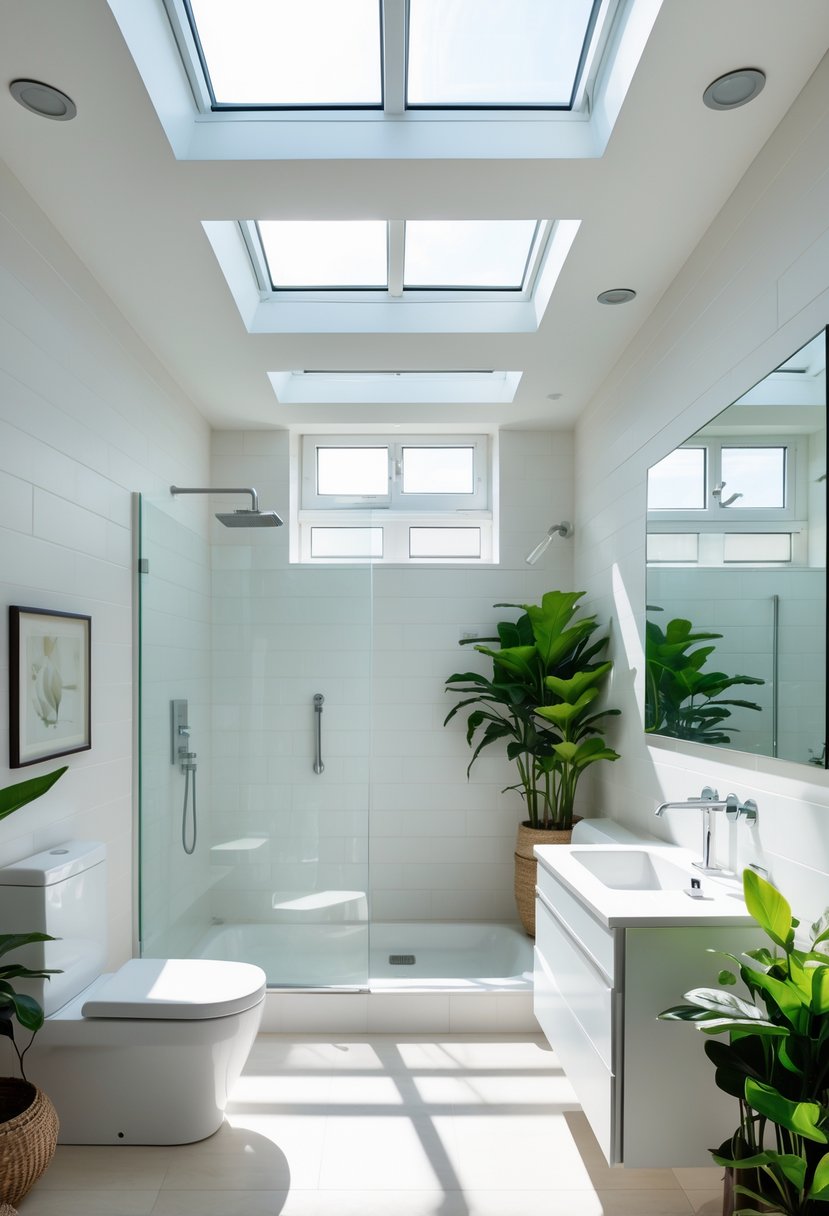 v2 11kkdl A small full bathroom with skylights and windows letting in natural light, featuring a bathtub, glass shower, vanity, and plants.