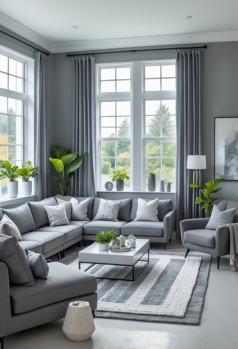 v2 11klv5 7wc1i A bright living room with grey furniture, cushions, rugs, plants, and large windows letting in natural light.