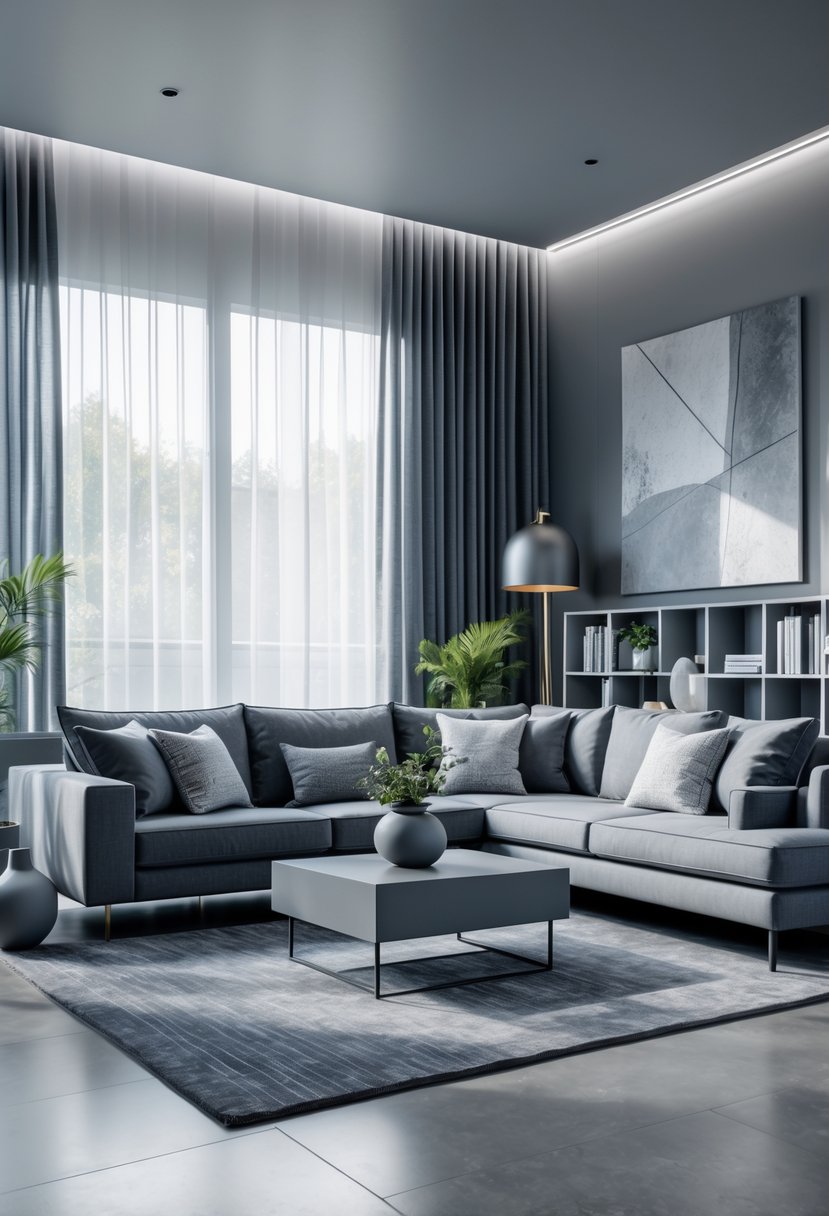 v2 11klvk i9rtq A modern living room with a grey sectional sofa, grey rug, coffee table, artwork, and natural light coming through windows with grey curtains.