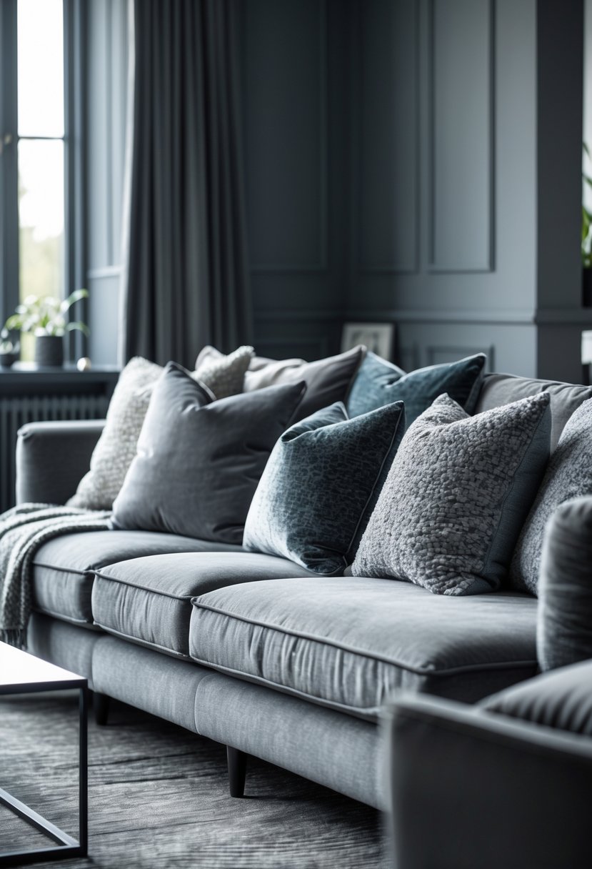 v2 11klvy spip8 A grey living room with a sofa and cushions made from textured fabrics like velvet and boucle.