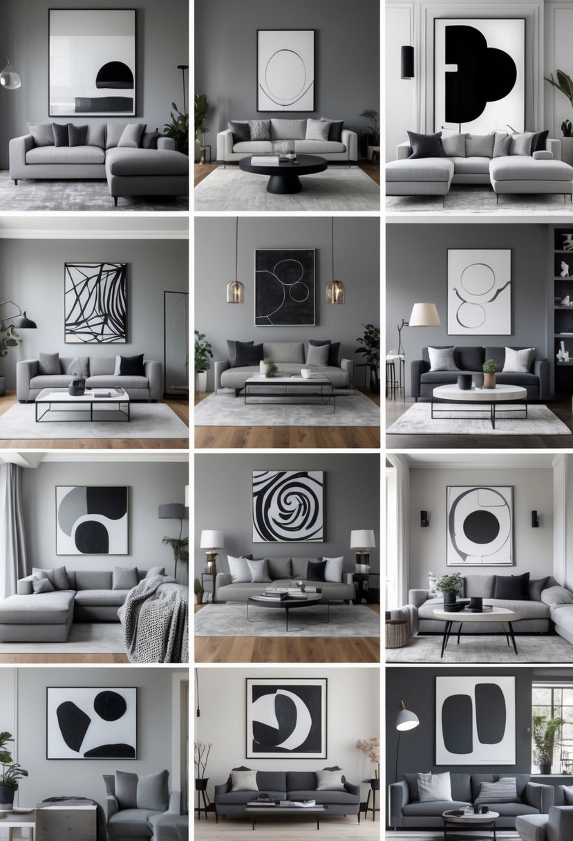 v2 11klwe qwgds A collage of seventeen different grey living rooms featuring sofas, tables, rugs, and black and white artwork on the walls.