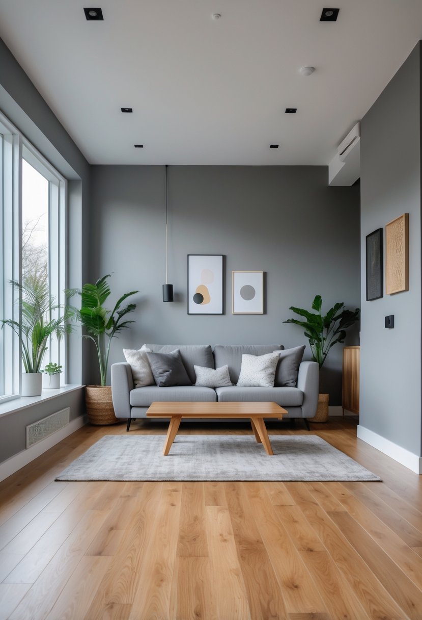 v2 11klwp vt80i A living room with grey walls, warm wooden flooring, a grey sofa, a wooden coffee table, and some green plants.