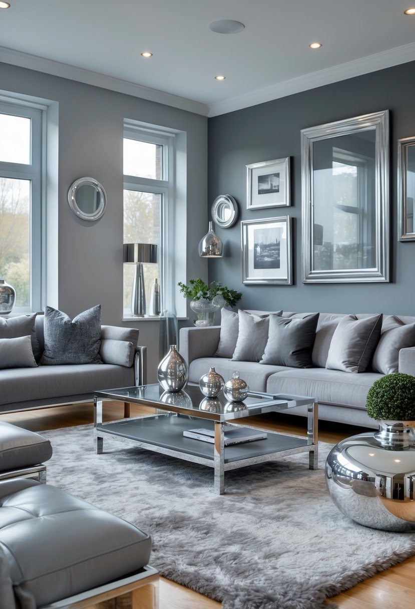 v2 11klx1 A grey living room with a sofa, coffee table, and metallic silver and chrome accents throughout the space.