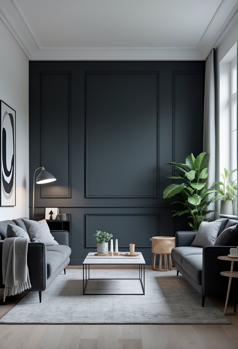 v2 11klxe dq3aa A living room with a deep charcoal grey wall, grey sofa, coffee table, floor lamp, and indoor plants.