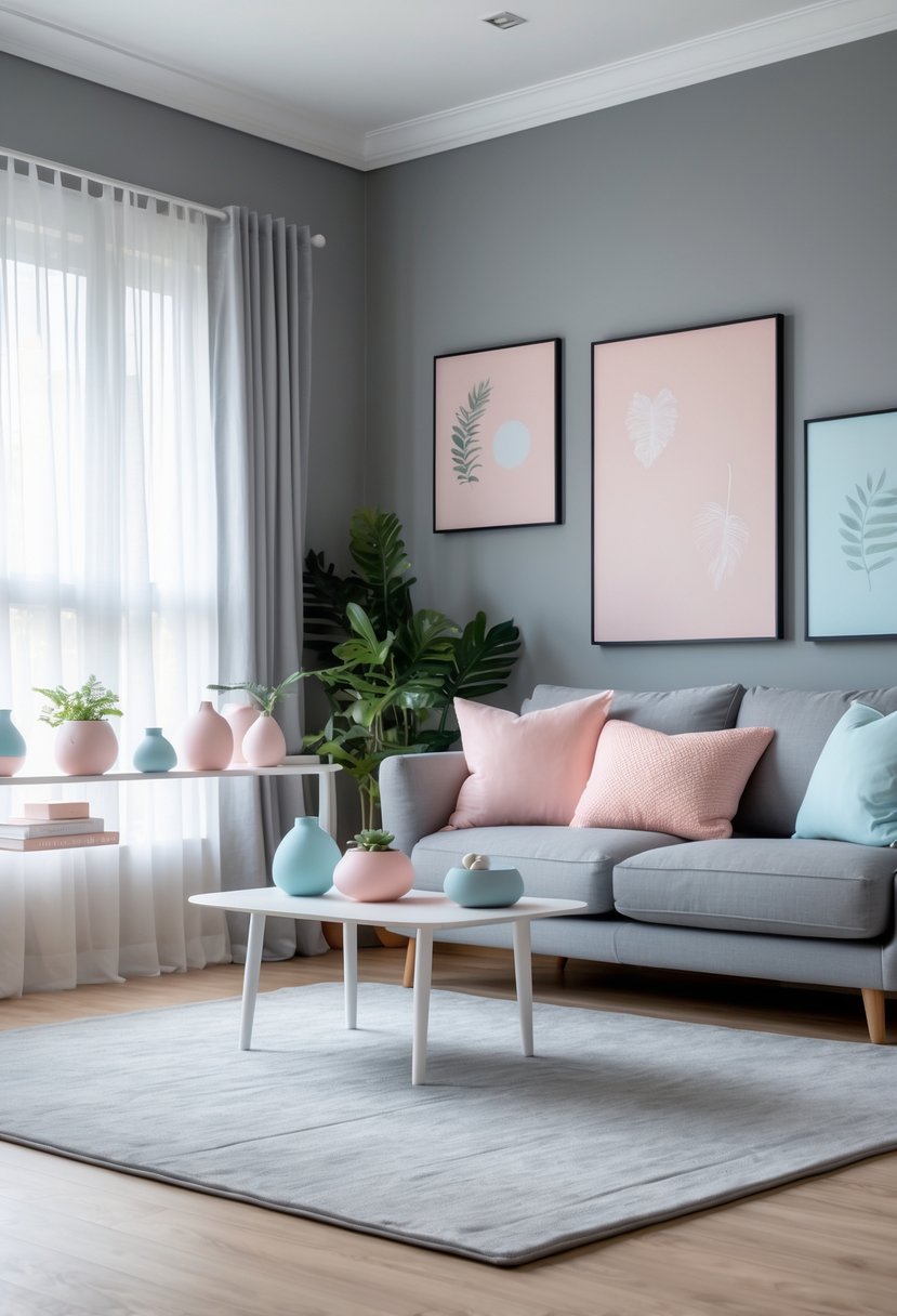 v2 11klxs oy86p A living room with a grey sofa, pastel pink and blue pillows, a coffee table with decorations, and large windows letting in natural light.