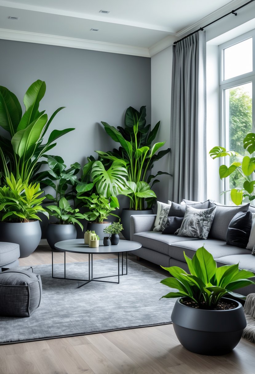 v2 11klzh cc86j A living room with large grey furniture and several big green potted plants placed around the space.