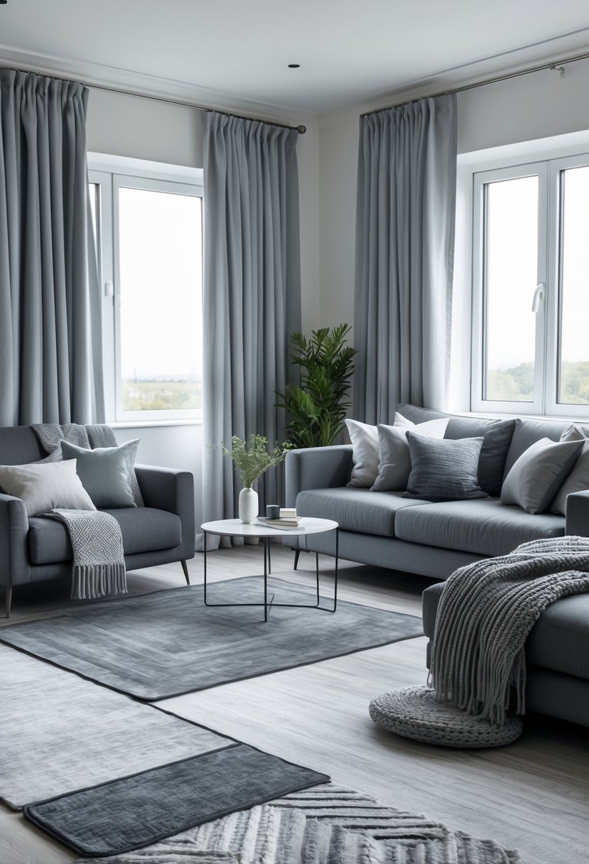 v2 11klzs wmnat A living room with grey rugs, curtains, and throws layered throughout, featuring a sofa and armchairs with cushions and natural light coming through the windows.