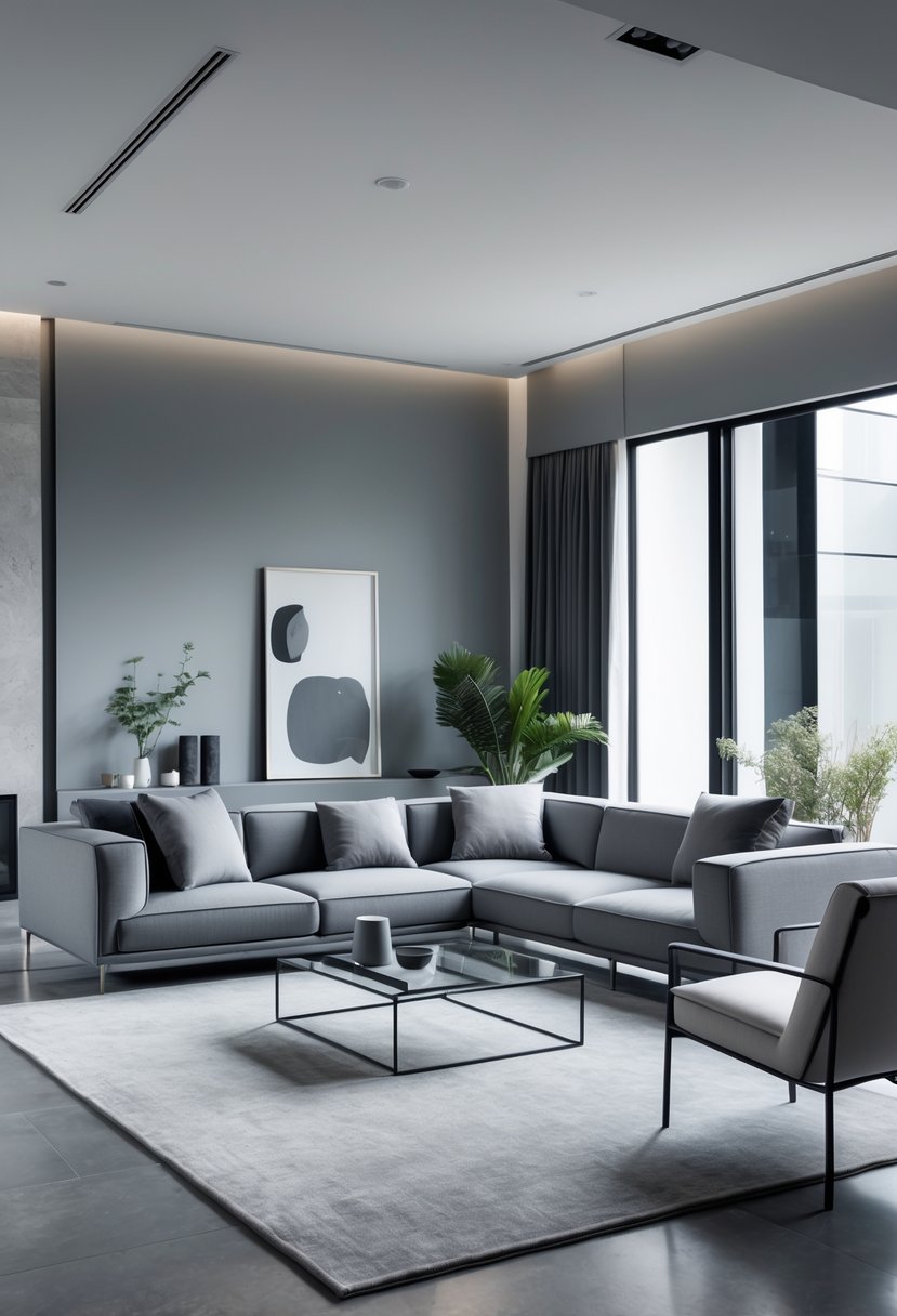 v2 11km0e ji5l9 A living room with grey furniture, a sofa, armchairs, a coffee table, large windows, and subtle decorative elements.