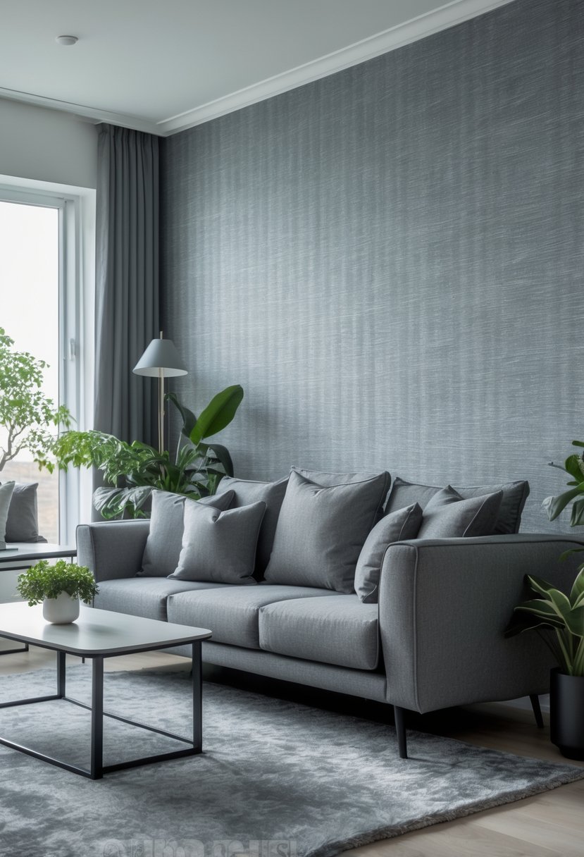 v2 11km14 pt8br Living room with grey patterned wallpaper, a grey sofa, coffee table, floor lamp, and plants.