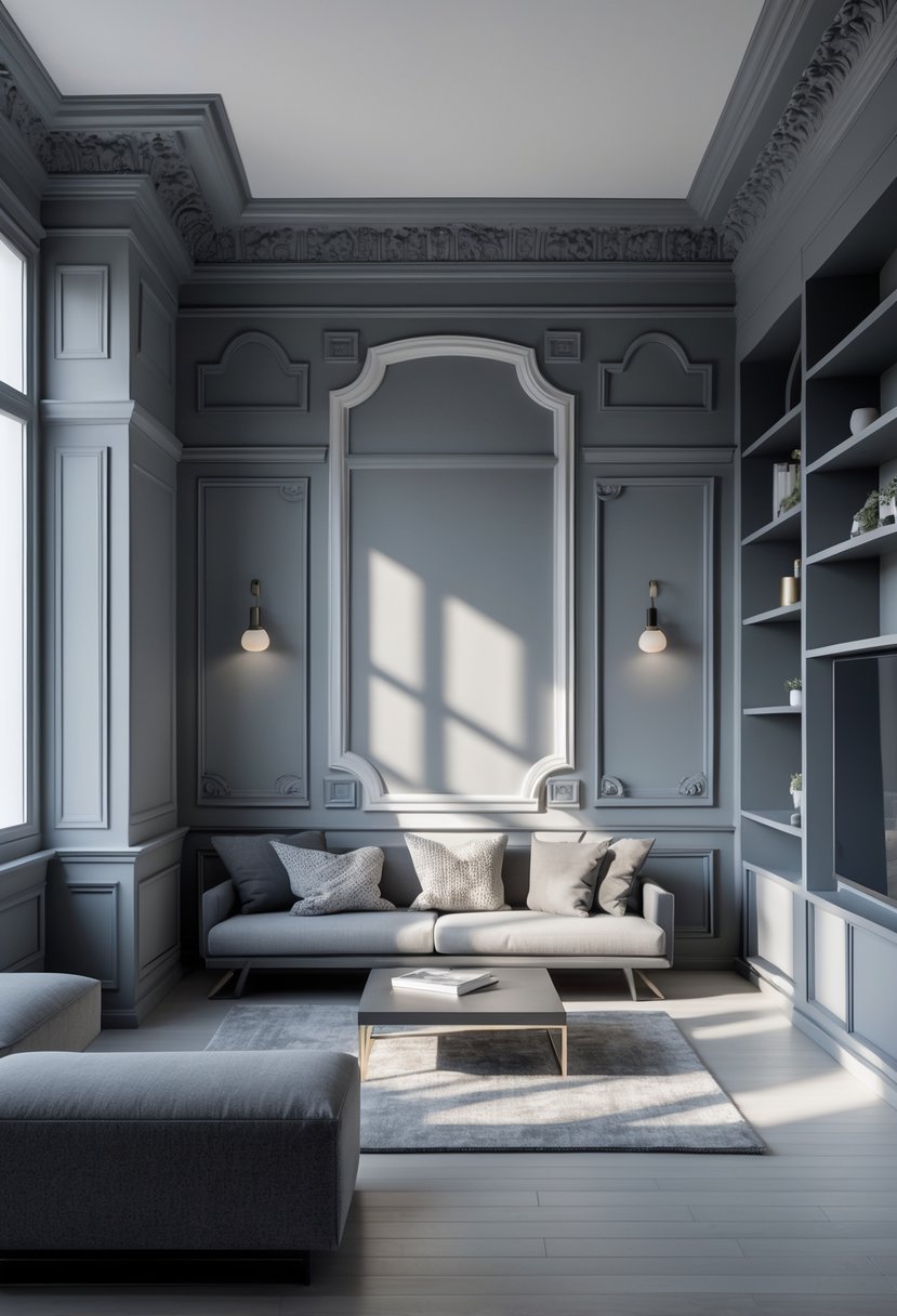 v2 11km1t tk4dj A living room with walls painted in different shades of grey, featuring architectural details like moldings and built-in shelves, with a seating area and natural light.