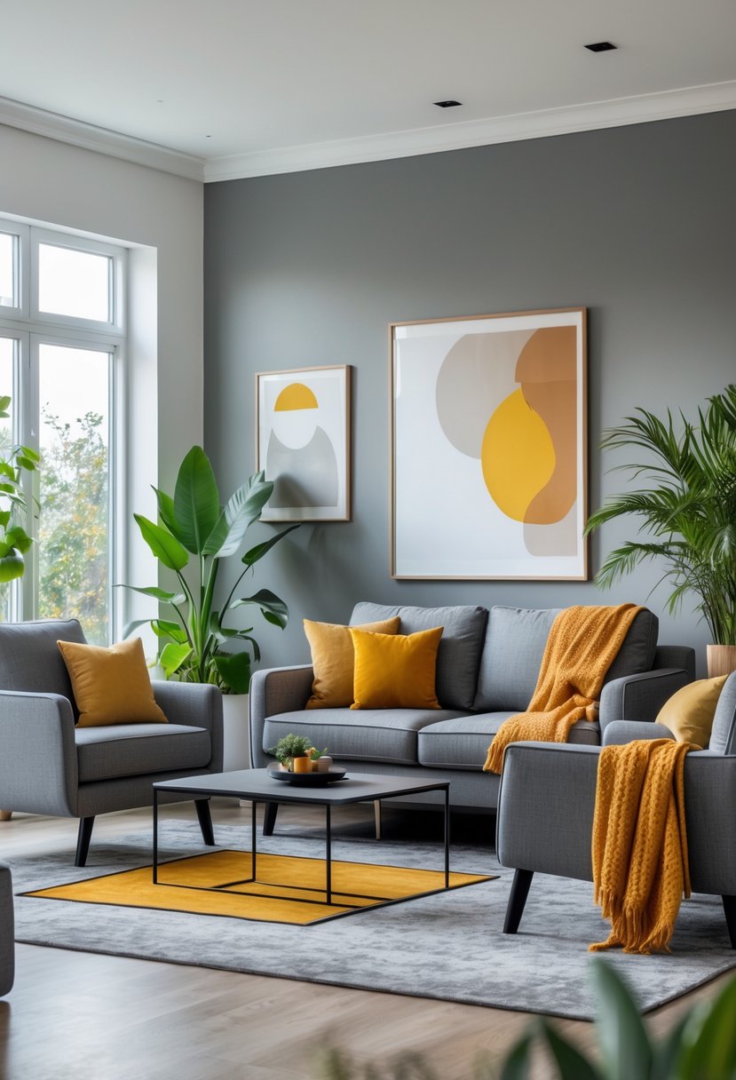 v2 11km24 orkwa A living room with grey furniture and decor accented by mustard yellow and burnt orange pillows and accessories, with natural light and plants.
