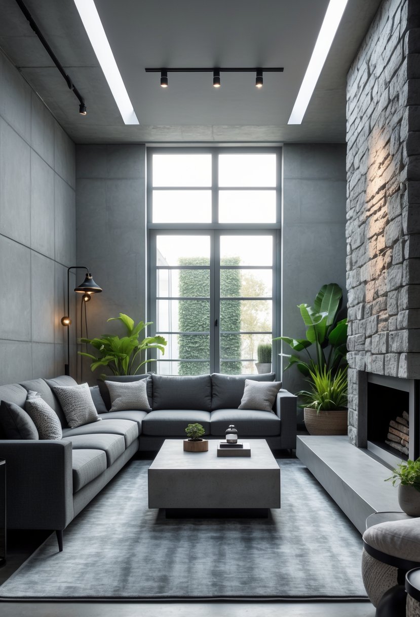 v2 11km2h gvasd A grey living room with a sofa, coffee table, stone accent wall, large windows, and indoor plants.