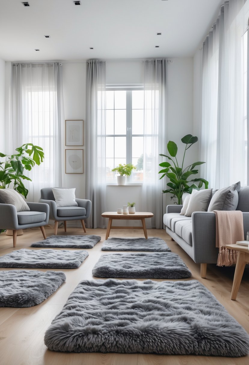 v2 11km2s 97sej A bright living room with grey area rugs, a grey sofa, armchairs, a wooden coffee table, and large windows letting in natural light.