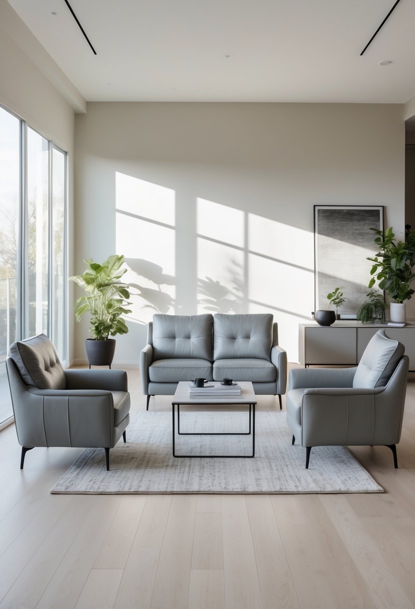 v2 11km34 z0kqi A living room with grey leather sofa and armchairs, a coffee table, large windows, and indoor plants.