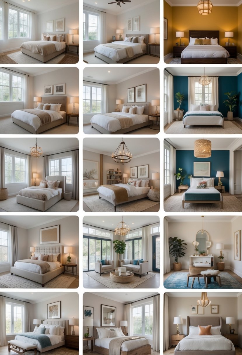 v2 11km72 3ujh2 A collage of 15 different bedrooms, each with a unique arrangement of beds, furniture, and decor items.