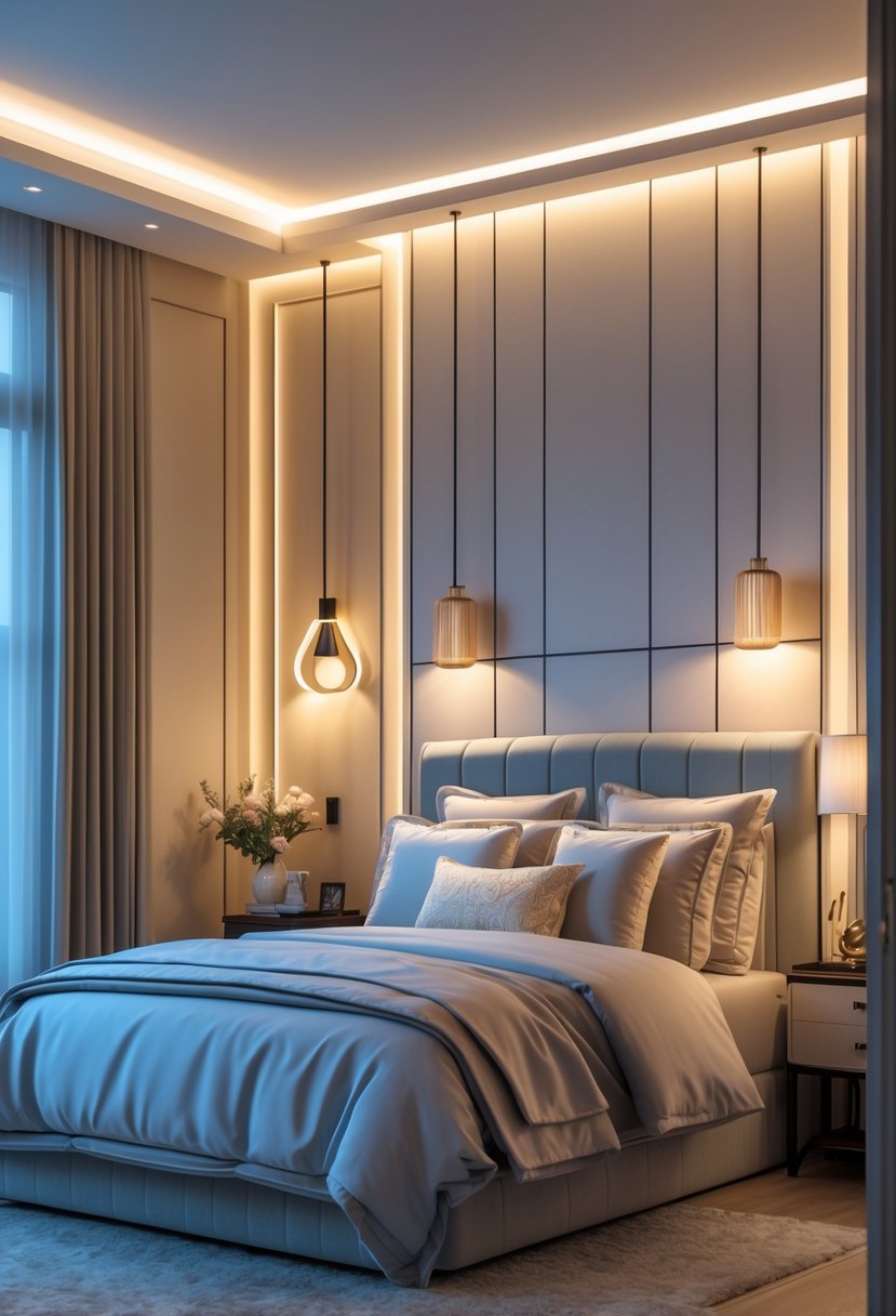 v2 11km7i rg361 A bedroom with layered lighting including wall sconces and pendant lights illuminating the space around a neatly made bed.