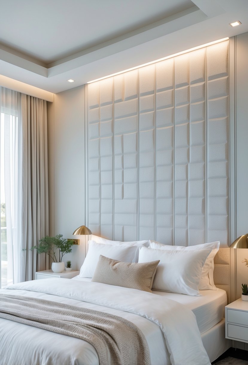 v2 11km7v v795i A bright bedroom with textured wall panels behind the bed, natural light, and simple decor.