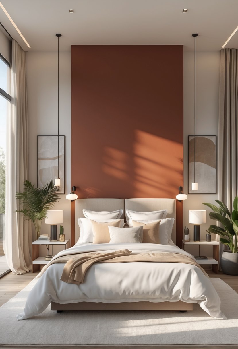 v2 11km8a sfq08 A spacious bedroom with a large bed, bold colored accent wall, natural light, bedside tables, and decorative plants.