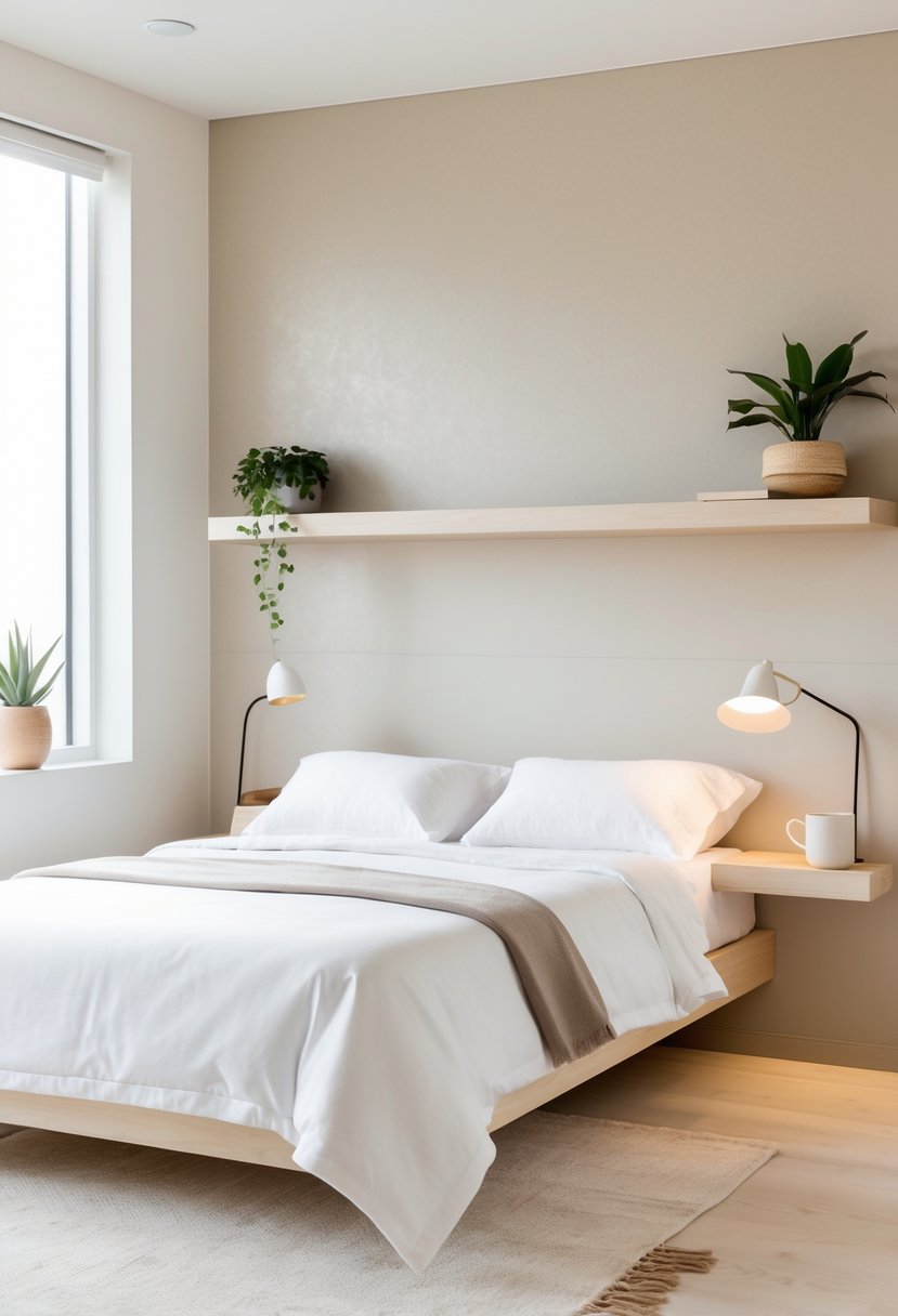 v2 11km8n hsquc A clean bedroom with floating bedside shelves holding a plant, lamp, book, and cup next to a neatly made bed.