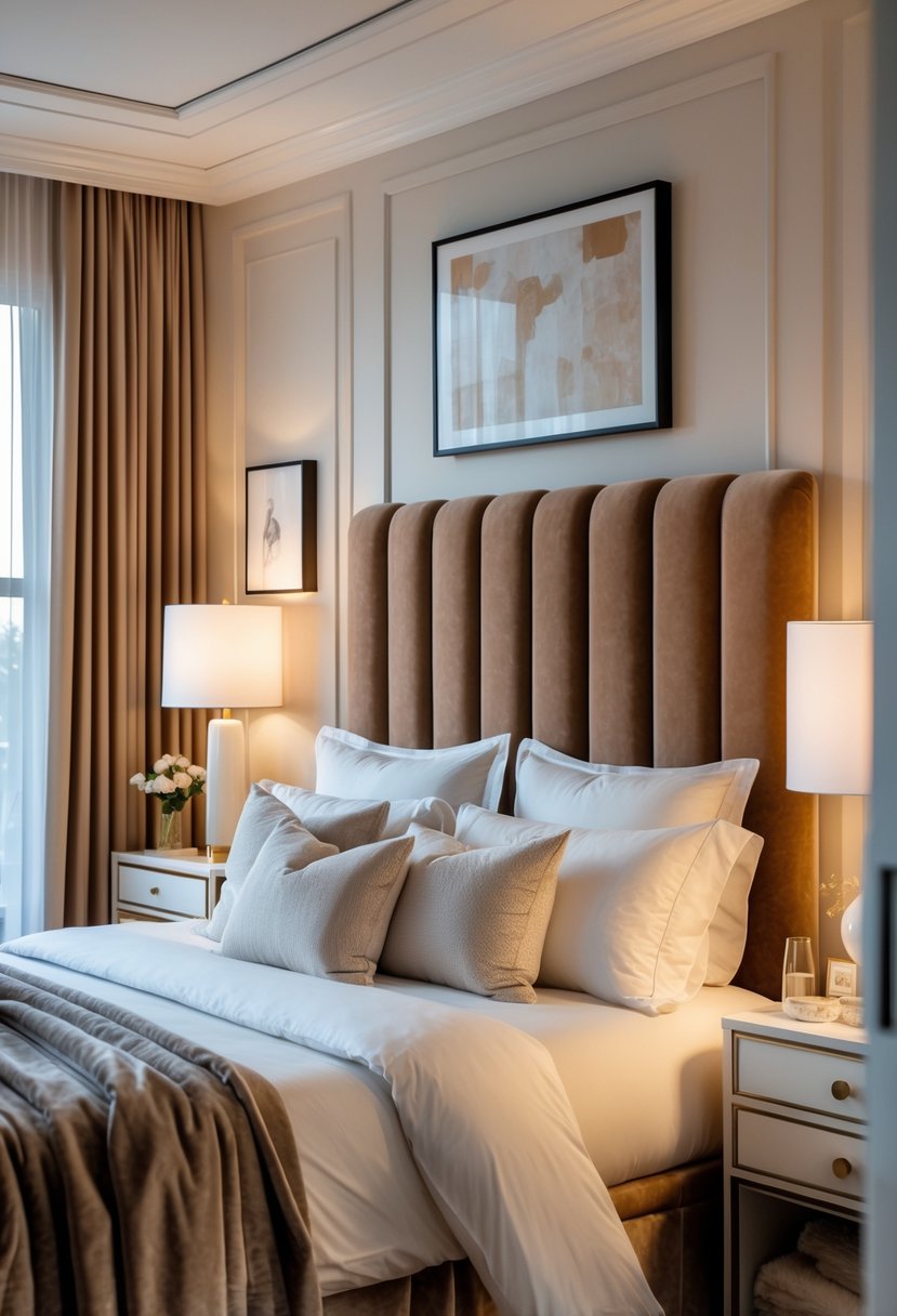 v2 11km8y vg3uc A bedroom with a velvet upholstered headboard, a neatly made bed, bedside tables with lamps, and soft natural lighting.