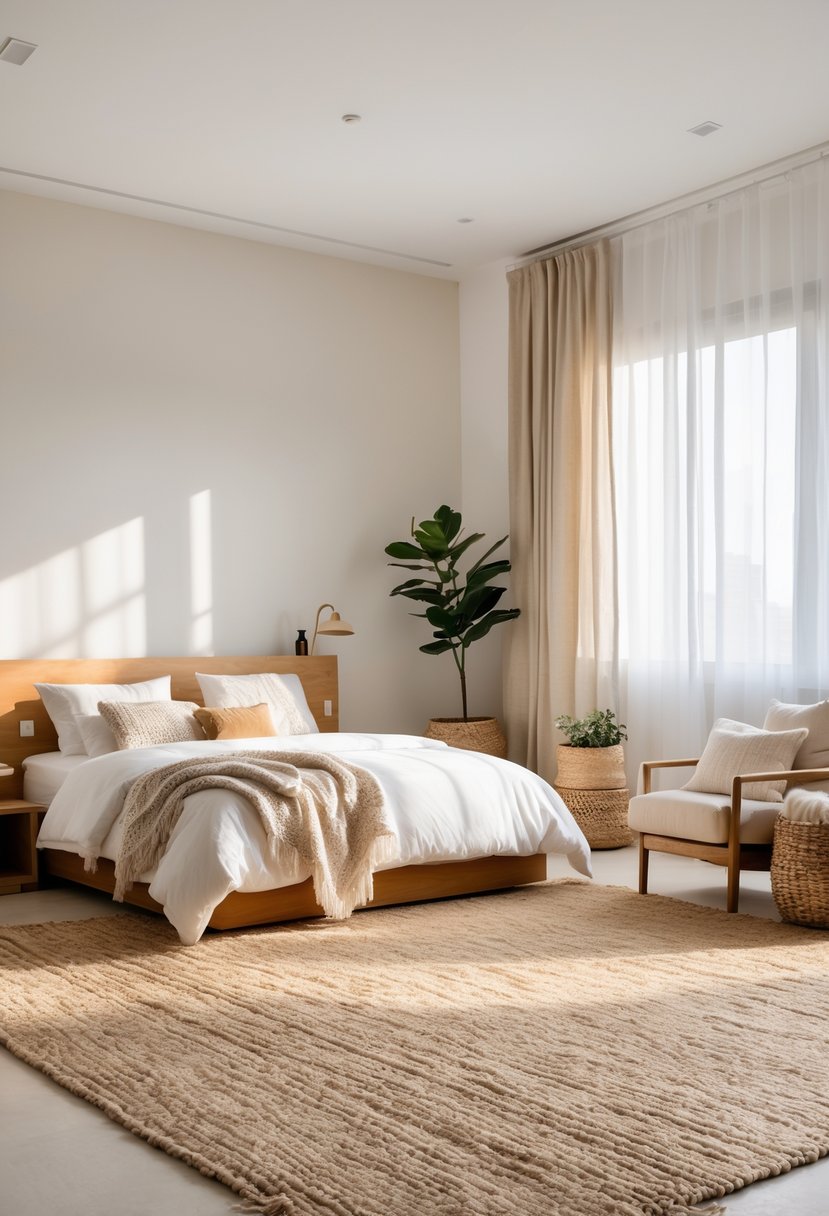 v2 11km9c v5ow5 A bright bedroom with a natural fiber rug on the floor, a made bed, wooden furniture, and natural light coming through sheer curtains.