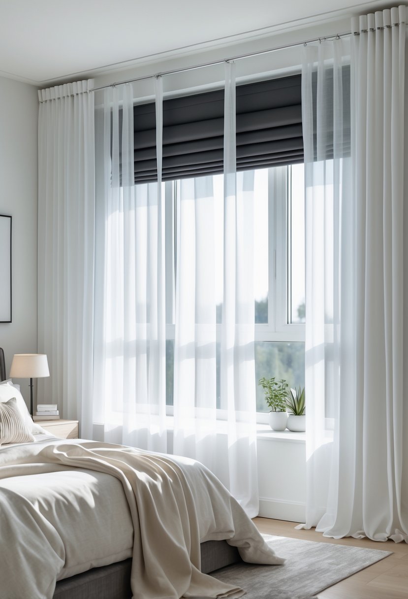 v2 11kma3 67nfe A bedroom with a large window covered by sheer white curtains and dark blackout blinds, featuring a neatly made bed and cozy decor.