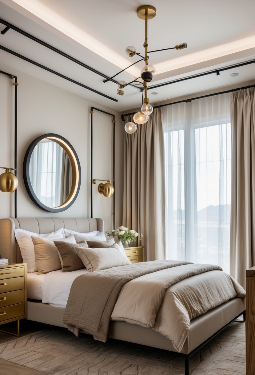v2 11kmah v7thr A modern bedroom featuring a bed with neutral bedding, mixed metal hardware on furniture, and various metal light fixtures.