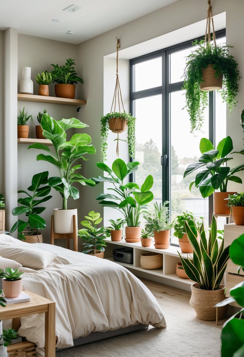 v2 11kmav lnvov A bedroom with several potted plants placed around the room, including on tables and shelves, creating a fresh and natural atmosphere.