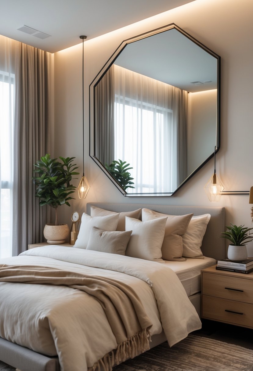 v2 11kmba jthcu A bedroom with a large geometric framed mirror above a wooden dresser, a bed with neutral bedding, and natural light coming through a window.