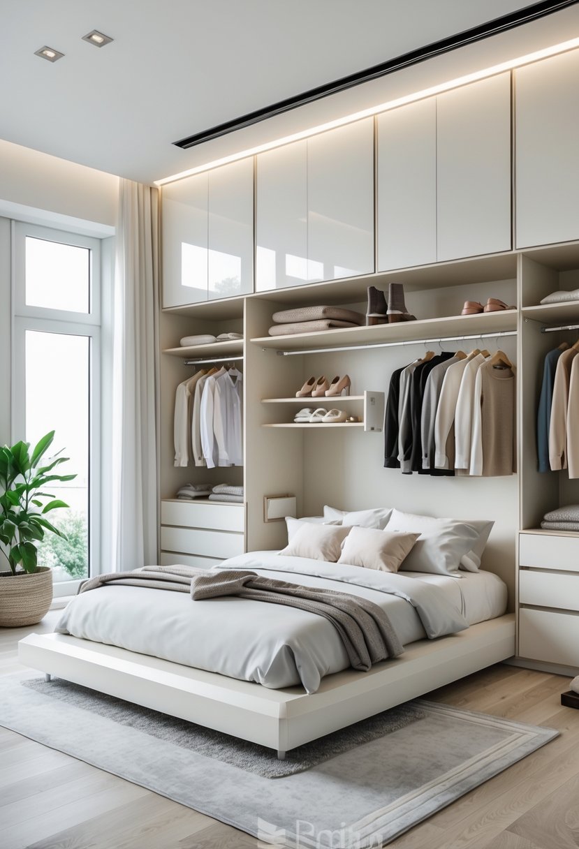 v2 11kmbm zfy89 A bright bedroom with custom built-in wardrobes featuring organized shelves and drawers next to a neatly made bed.