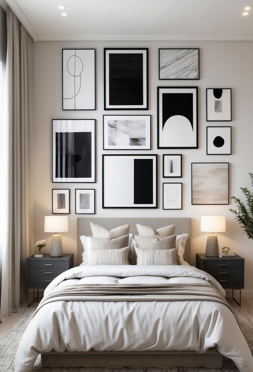 v2 11kmcf 32emk A bedroom with a bed beneath a wall covered in black and white framed artwork, surrounded by bedside tables and soft natural light.