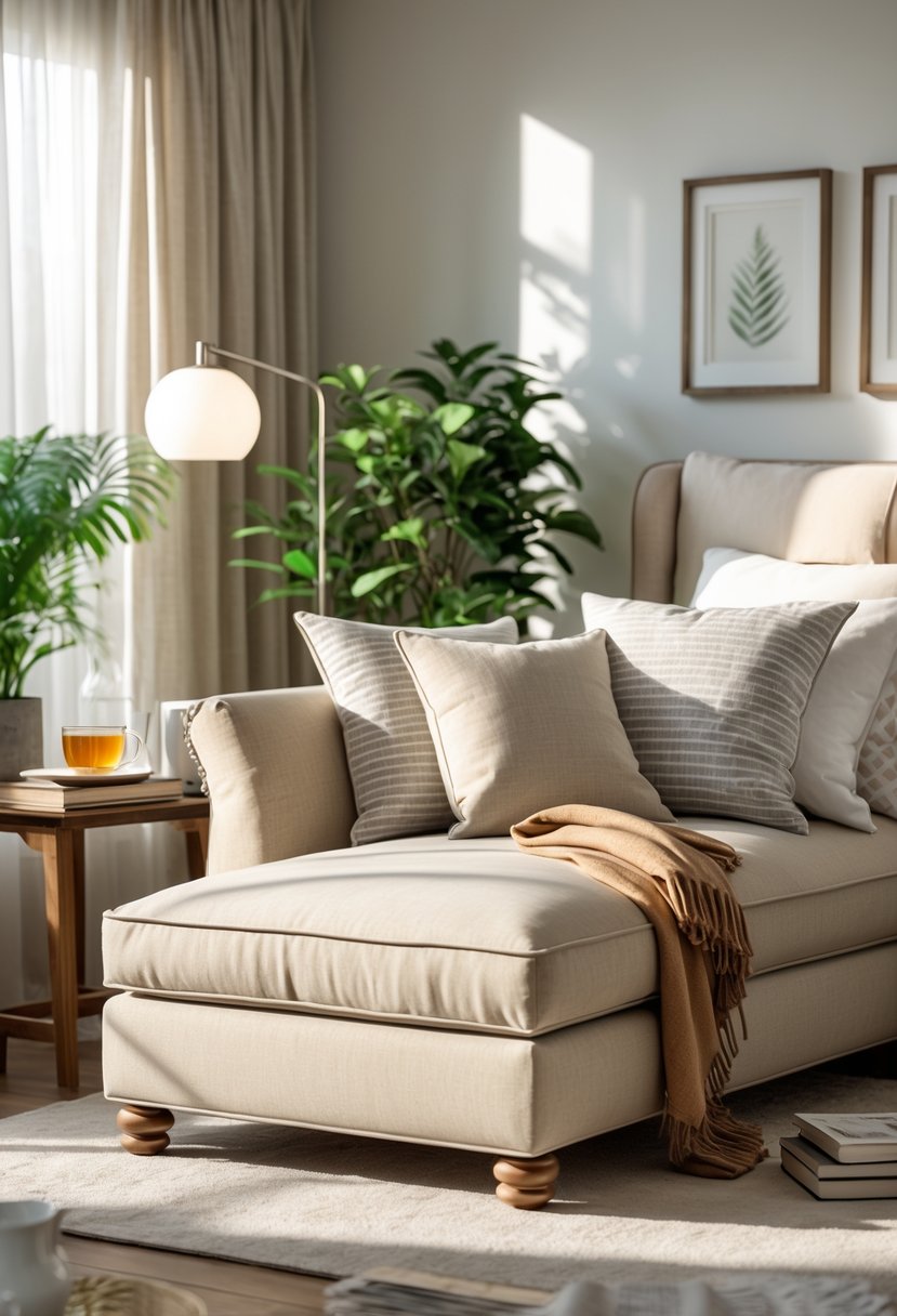 v2 11kmct 2conf A cozy bedroom corner with a chaise lounge, a side table with books and a cup, a floor lamp, and plants by a neatly made bed.