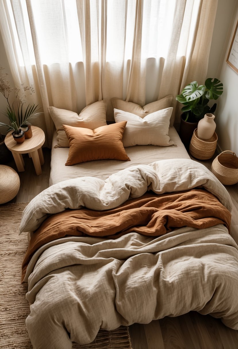 v2 11kmd7 rv0wd A bedroom with a neatly made bed featuring soft linen bedding in earthy tones, natural light, wooden furniture, and plants.