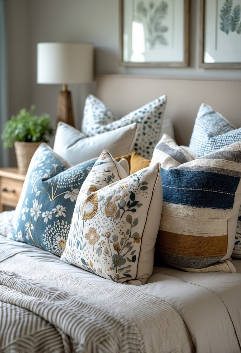 v2 11kmds 2ptl5 A bedroom with a bed covered in various patterned decorative throw pillows and simple bedroom decor around it.