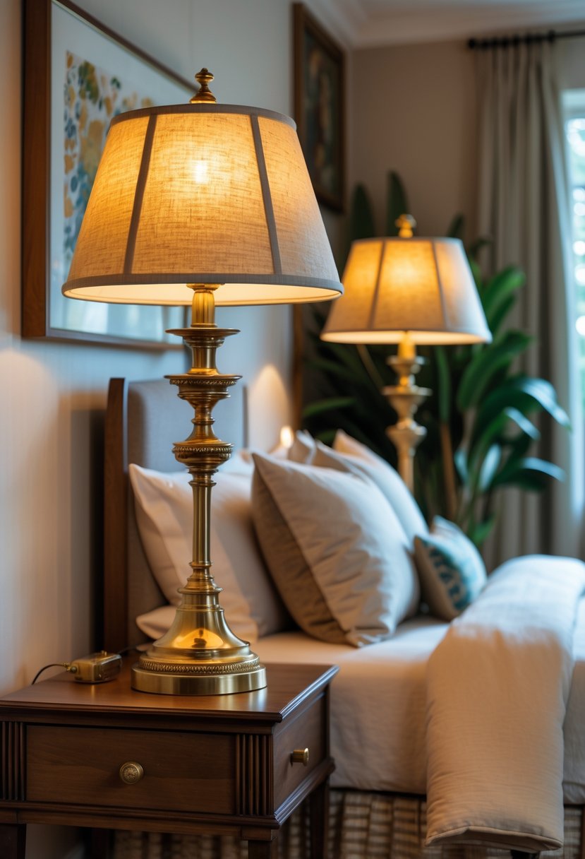 v2 11kme5 A bedroom with a bed and two bedside lamps with brass bases on wooden nightstands.