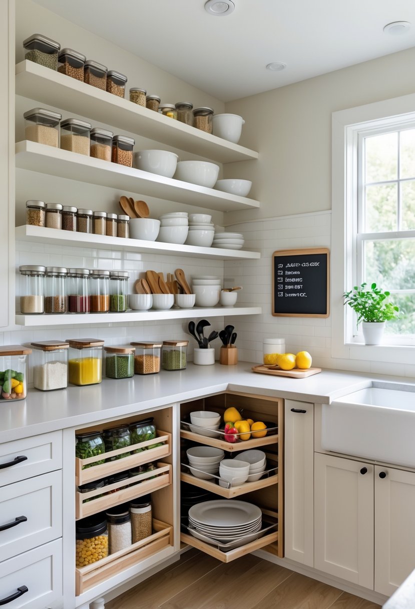 v2 11kml9 qtt9m A modern kitchen with various organized storage solutions including labeled jars, pull-out drawers, hanging racks, and containers keeping kitchen items neatly arranged.