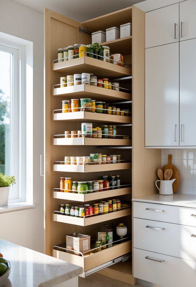 v2 11kmlt p338l A modern kitchen with an open pull-out pantry shelf displaying neatly organized food items for easy access.