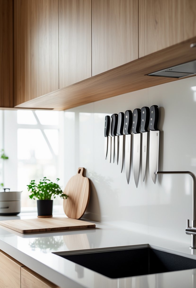 v2 11kmma mql9o A modern kitchen with a magnetic knife strip holding knives mounted on the wall above a clear countertop.