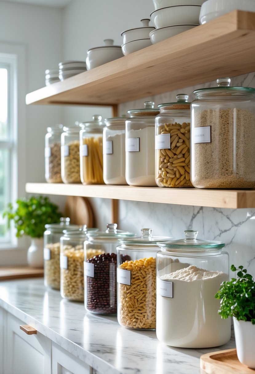 v2 11kmmq nw4ka A kitchen countertop with clear glass jars filled with dry goods neatly arranged on shelves and a marble surface.