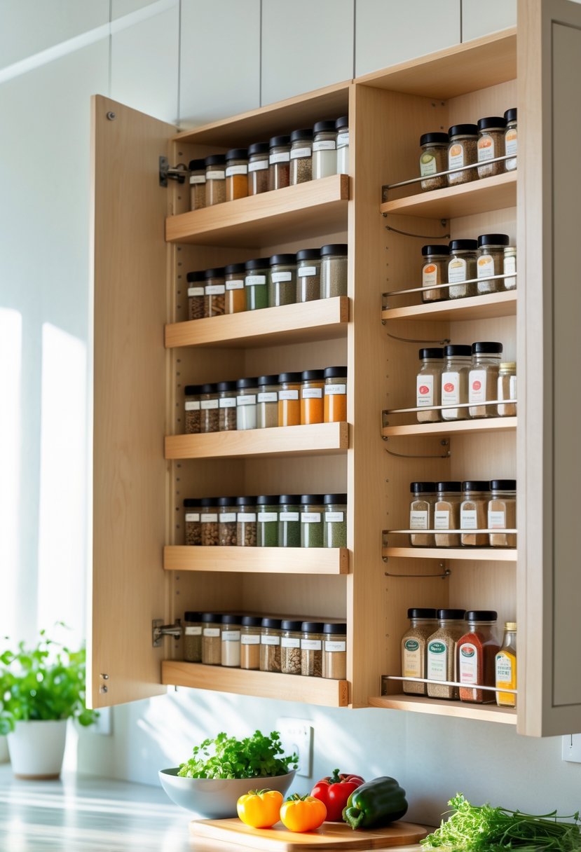 v2 11kmn7 Open kitchen cabinet doors with tiered spice racks holding various spice jars inside a modern kitchen.