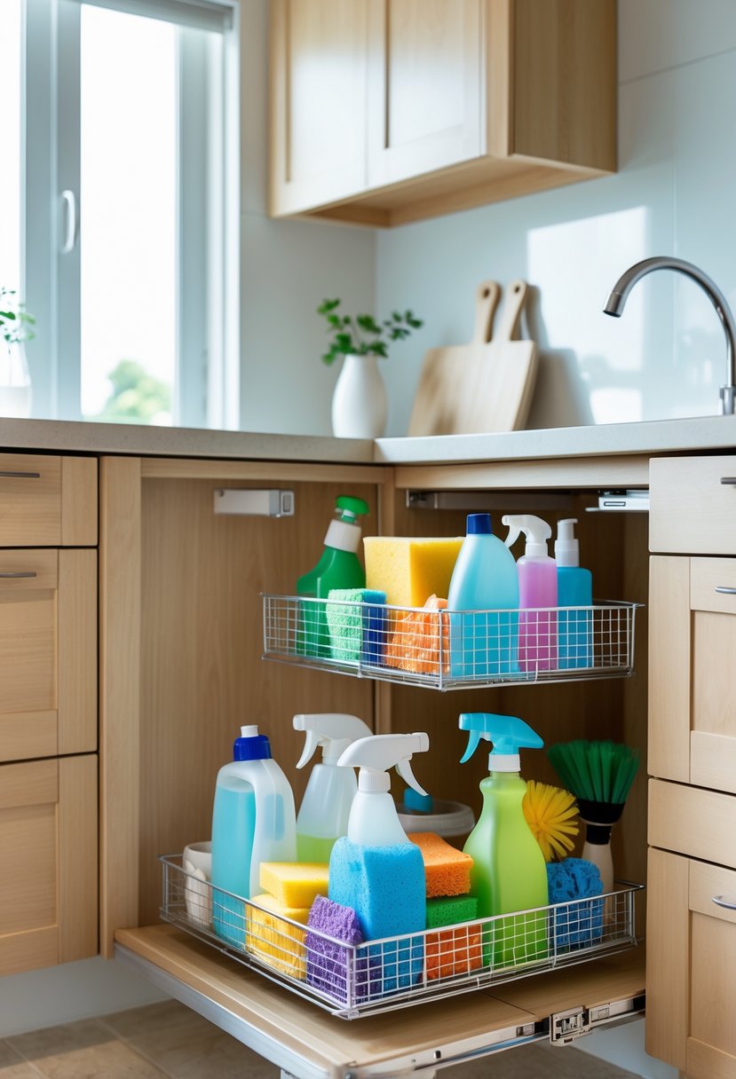 v2 11kmnm 1aogi Open under-sink cabinet with pull-out baskets neatly holding cleaning supplies in a modern kitchen.