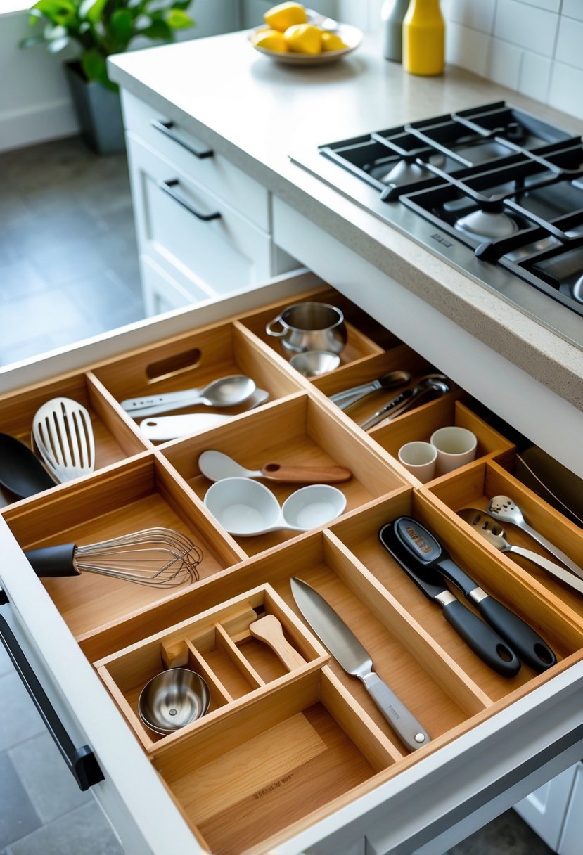 v2 11kmo7 h4keh Open kitchen drawer with utensils and gadgets neatly organized using dividers.