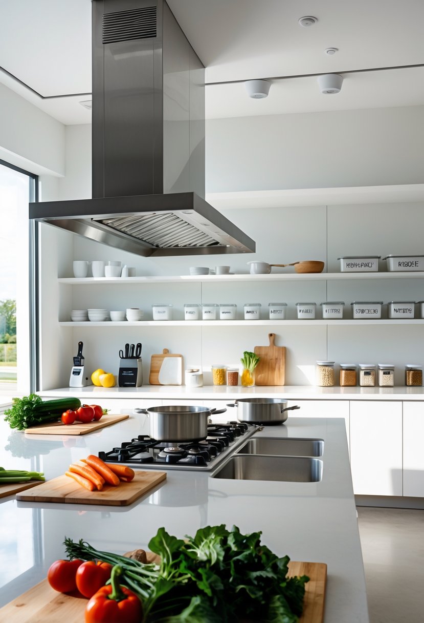 v2 11kmoo A modern kitchen with separate areas for food preparation, cooking on the stove, and organized storage shelves.
