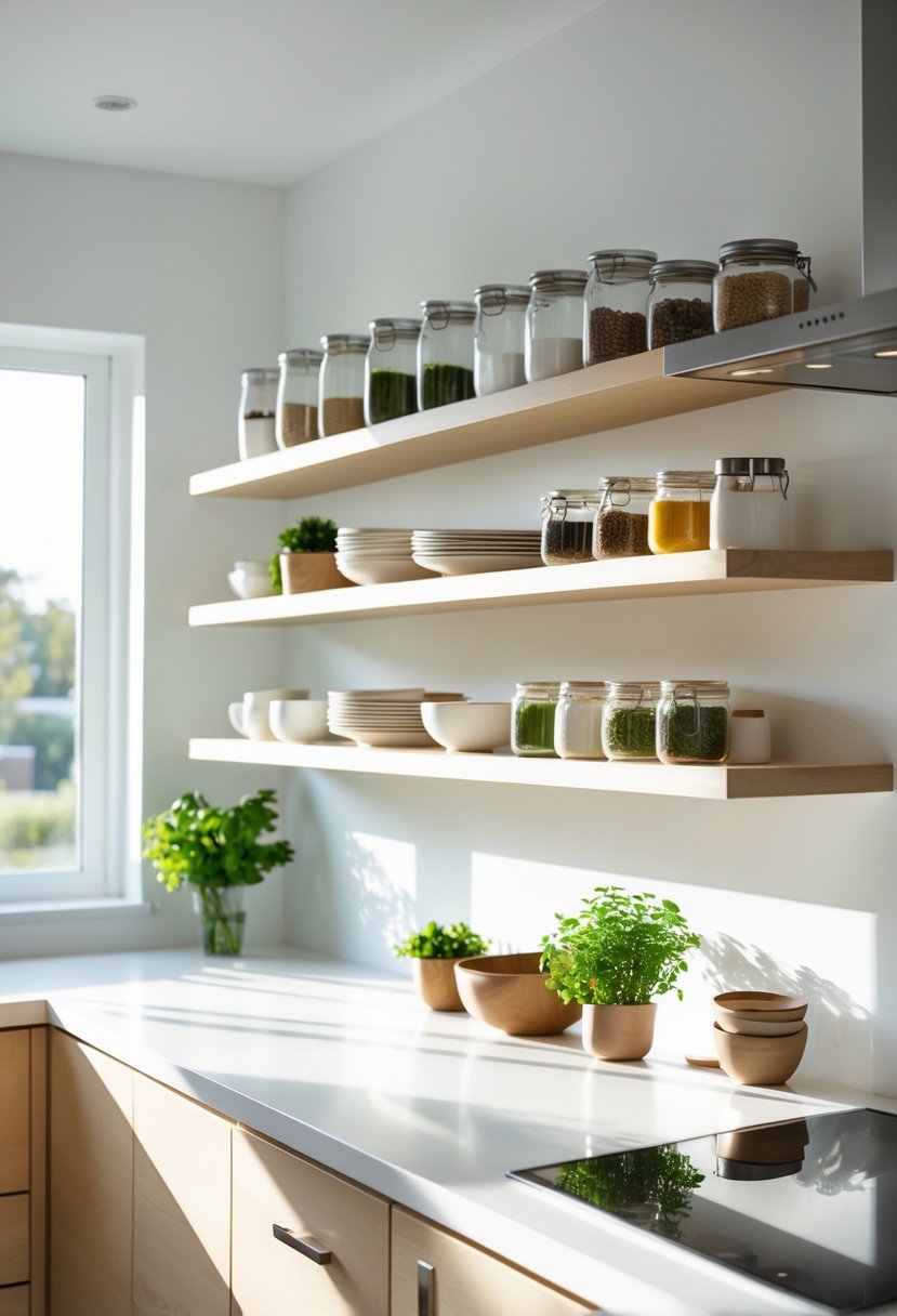 v2 11kmp3 047uy A modern kitchen with floating shelves holding jars, plates, and bowls above a clean countertop.