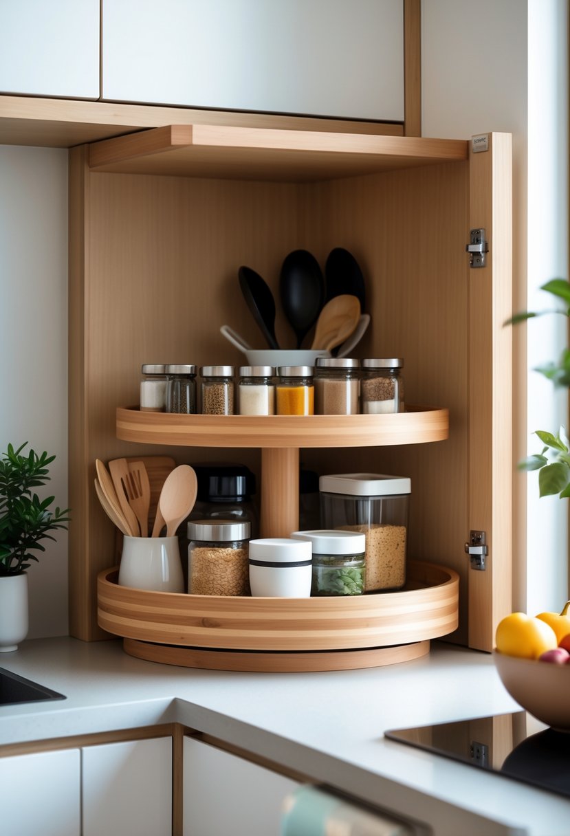 v2 11kmpi w593h Open corner kitchen cabinet with a wooden lazy Susan holding organized spice jars and containers.