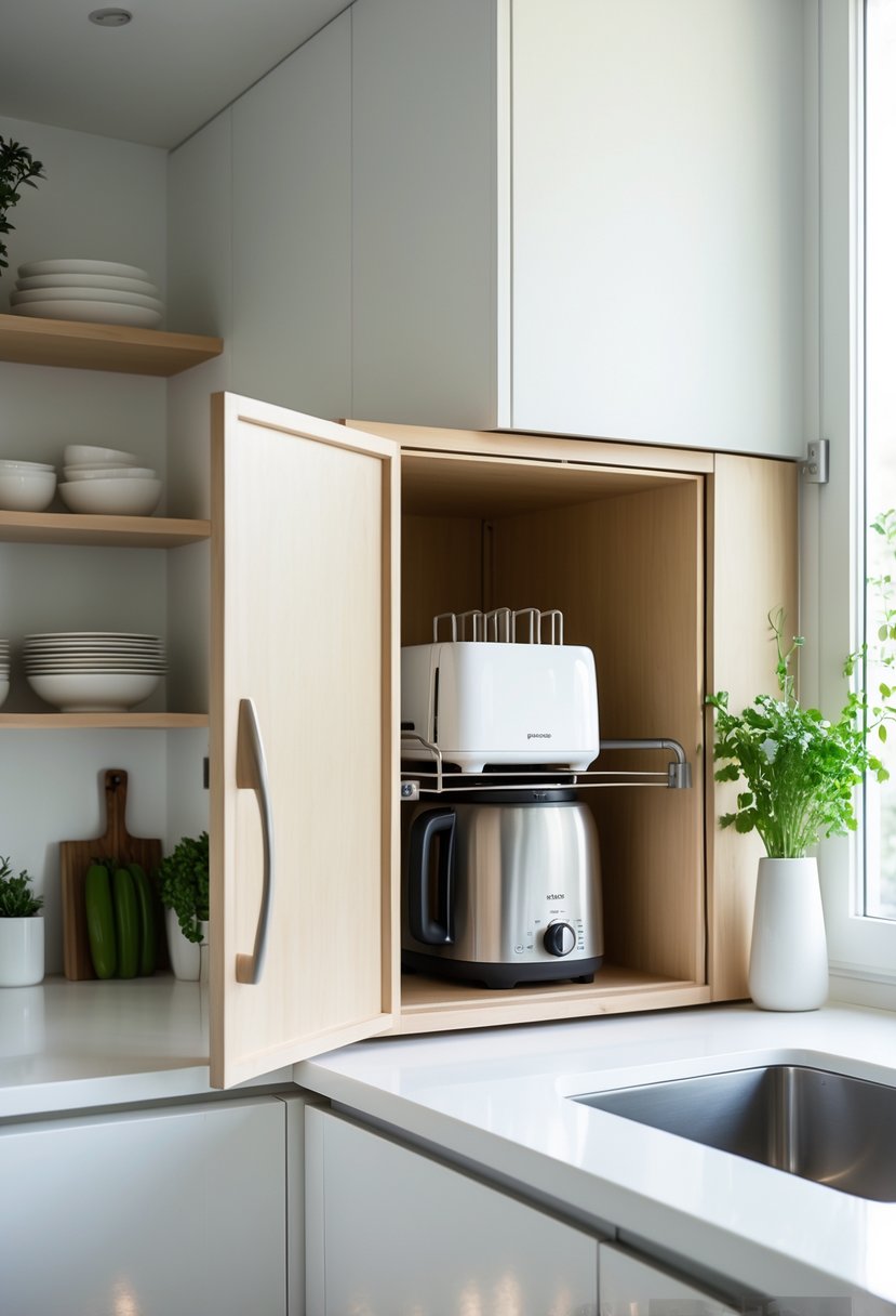 v2 11kmpy c6eze A modern kitchen with a partially open appliance garage revealing stored kitchen devices on a clean countertop.