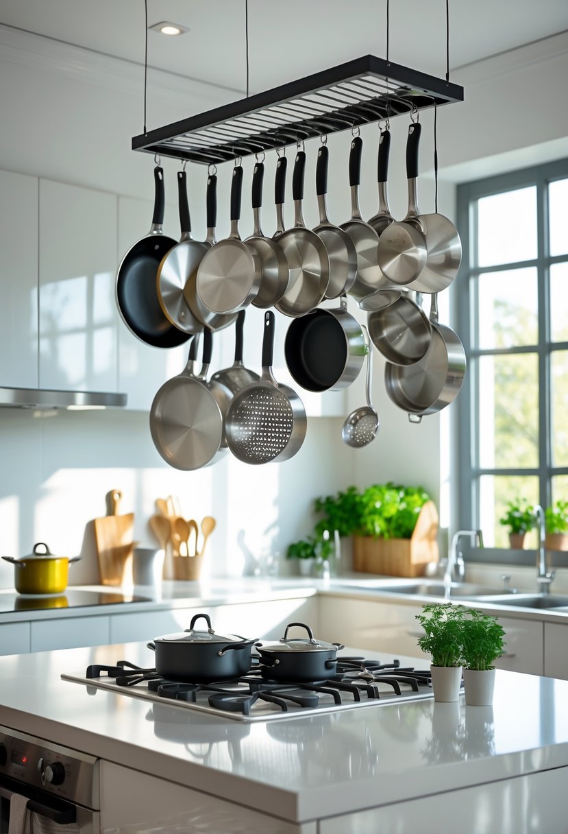 v2 11kmqb ks8te A modern kitchen with pots and pans hanging from a ceiling rack above a kitchen island, showing an organized and tidy cooking space.