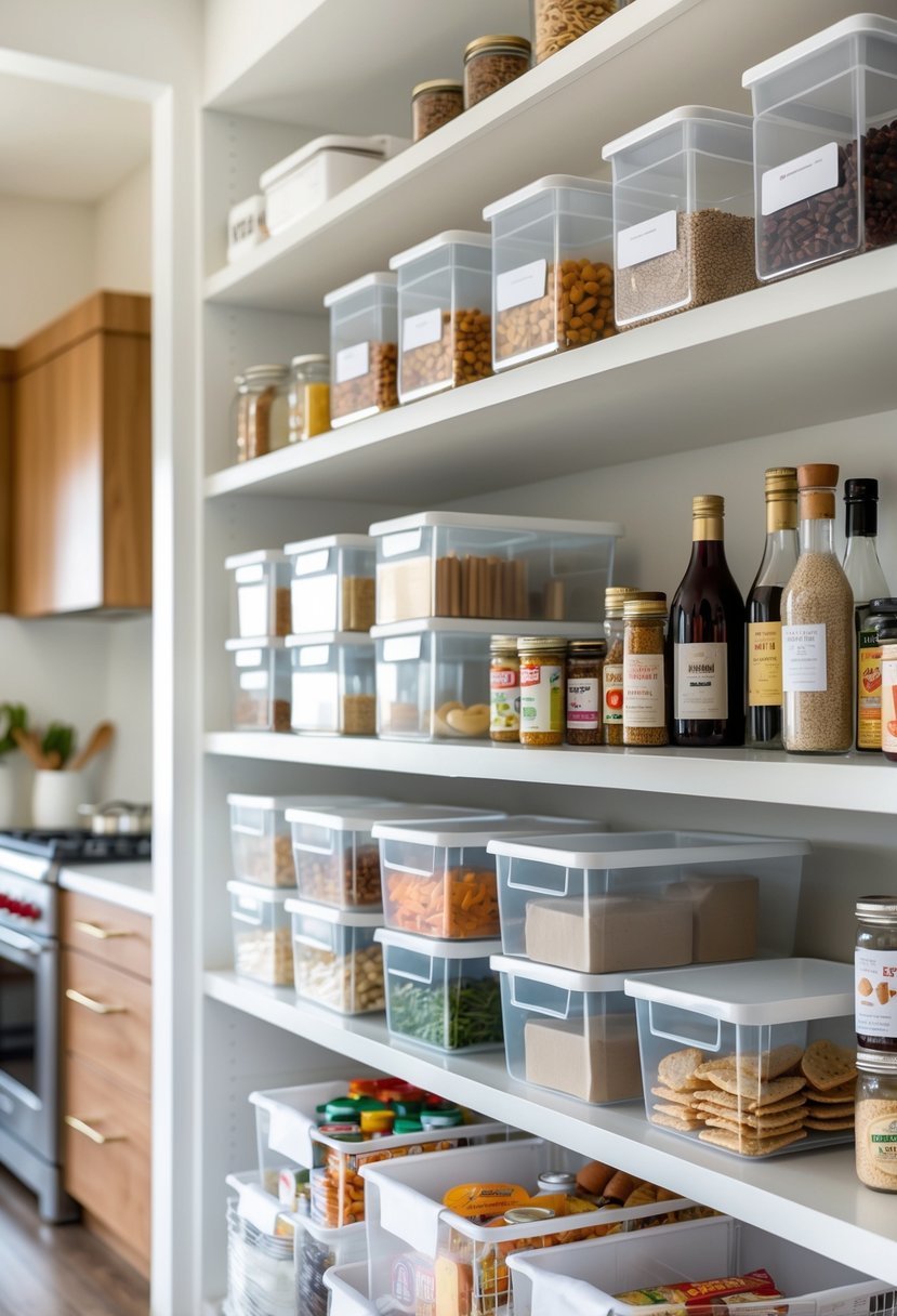 v2 11kmqr 7y8at A neatly organized pantry with stackable bins holding various kitchen items on white shelves.