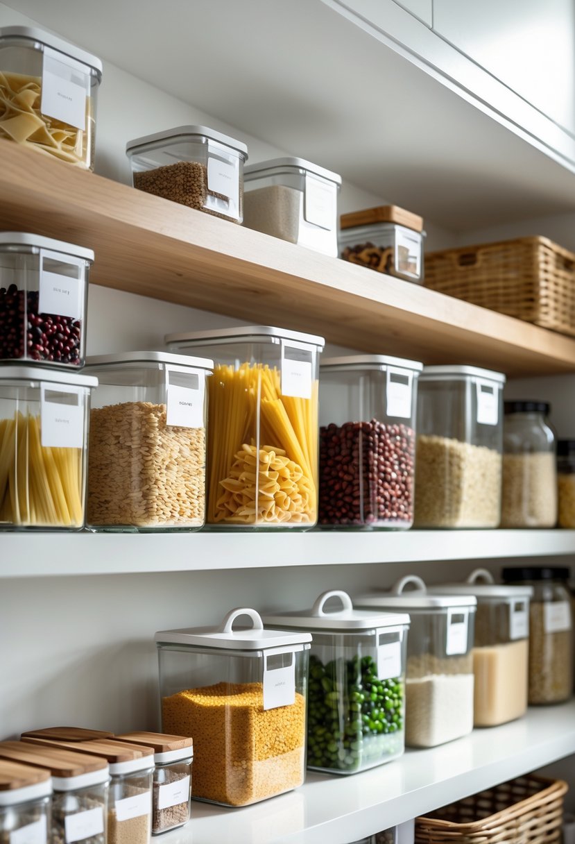 v2 11kmrl 8u2z8 A kitchen pantry with transparent containers filled with various dry foods neatly organized on wooden shelves.